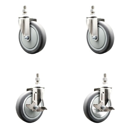 Service Caster 5 Inch 316SS Thermoplastic Rubber 3/8 Inch Threaded Stem Caster Brake SCC, 2PK SS316TS20S514-TPRB-381615-2-TLB-2